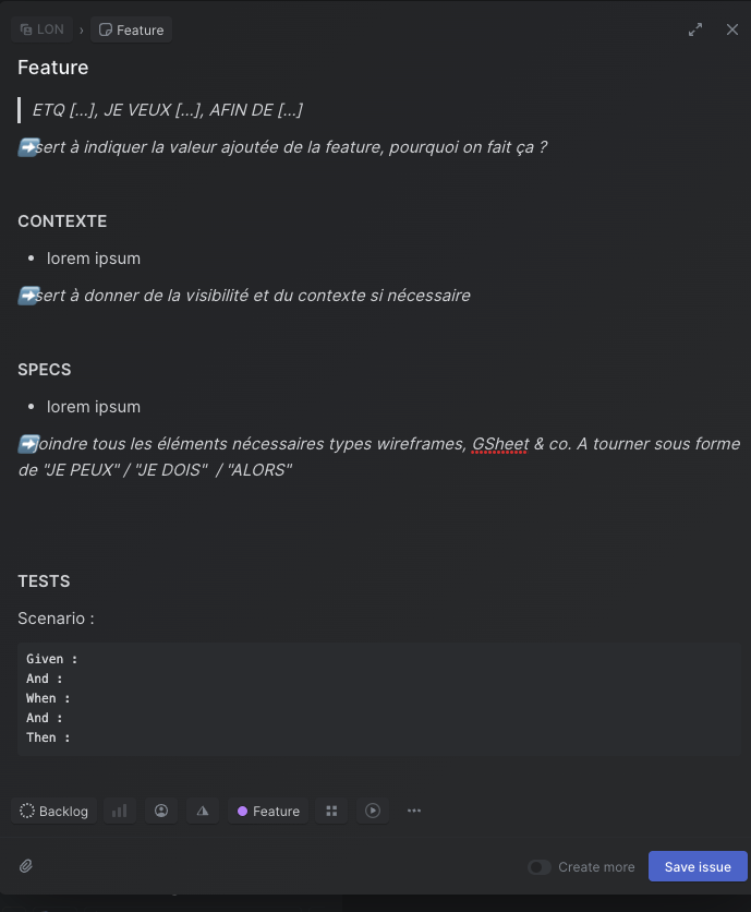 Template d'une user story pour spécifications 