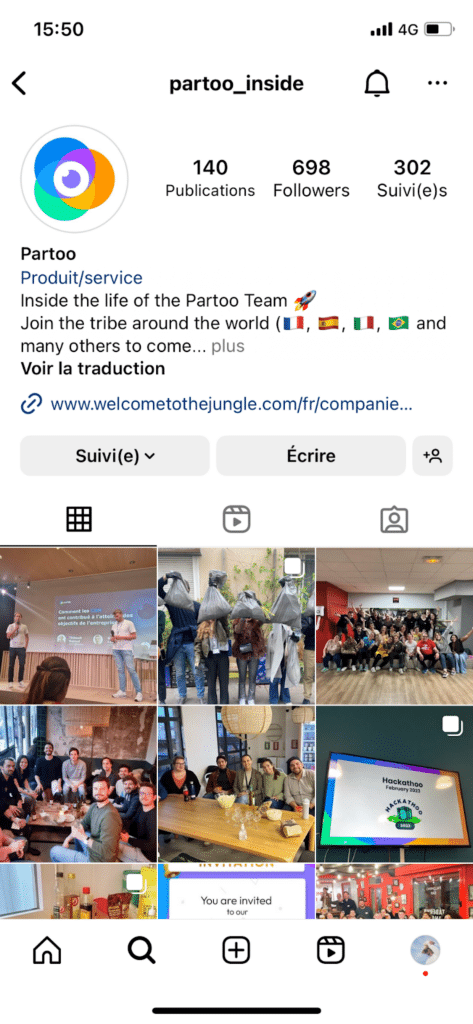 Une page instagram dédiée aux employés chez Partoo
