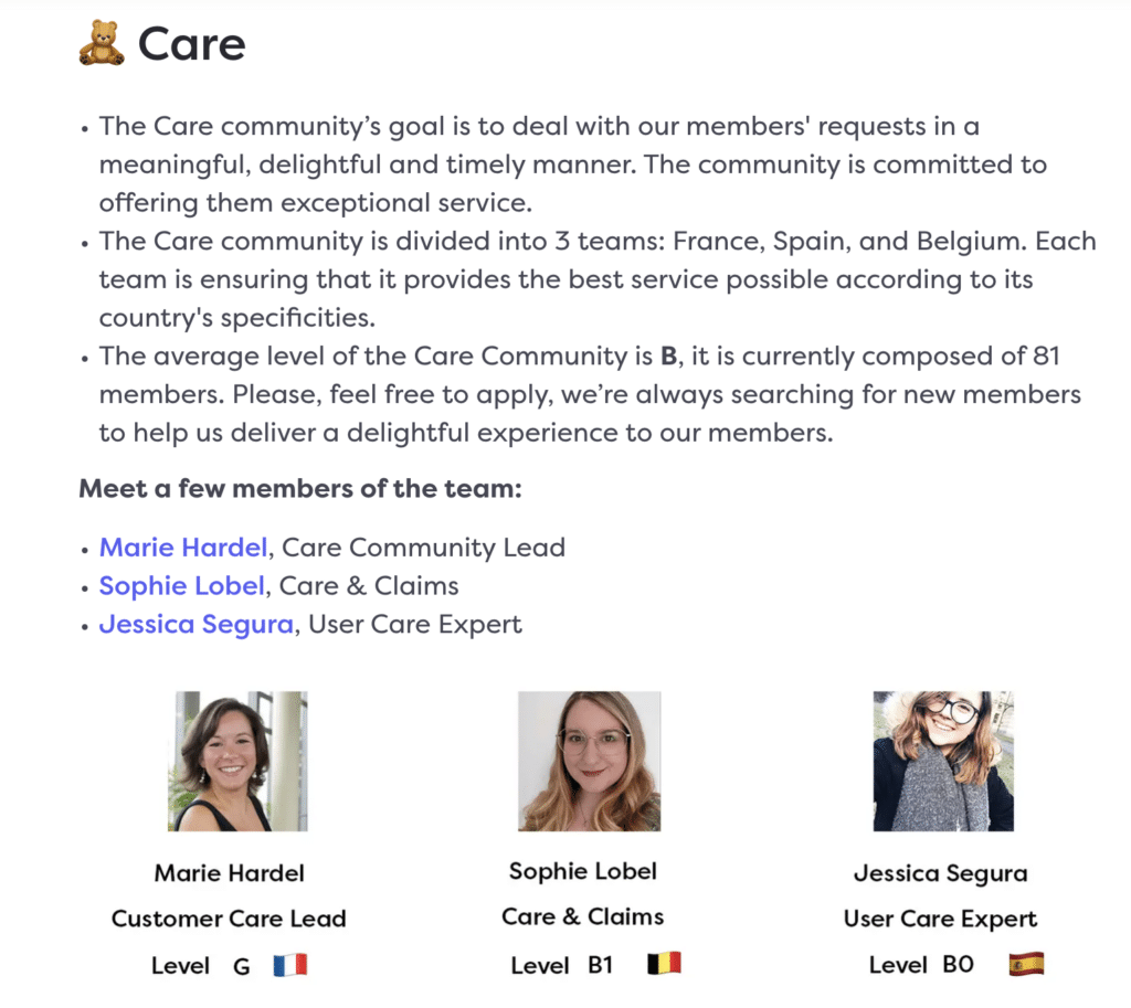 Une présentation de l’équipe Care, de ses leaders et une indications de leurs salaires